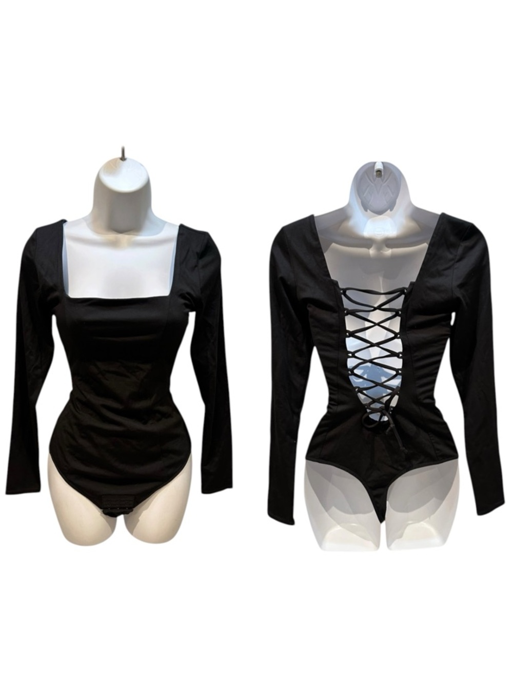 Ta3 Squarey Long Sleeve Thong Bodysuit Black Criss Cross Back Small NWOT